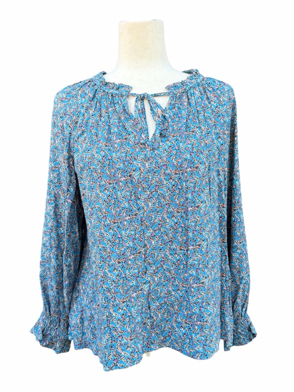 LOFT Blue Floral Tie-Neck Peasant Blouse w subtle back ruffle peplum Small